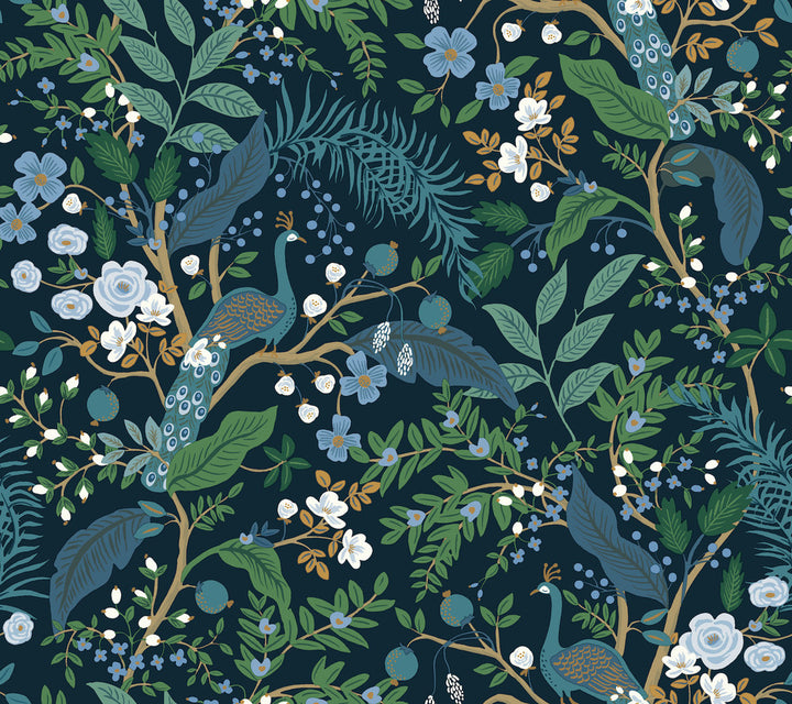 Peacock Garden Navy Peel & Stick Wallpaper by Rifle Paper Co. P&S Rifle Paper 3 Covers about 45 square feet 27-in by 20-ft long roll Peel & Stick 24 - Fabric Carolina -