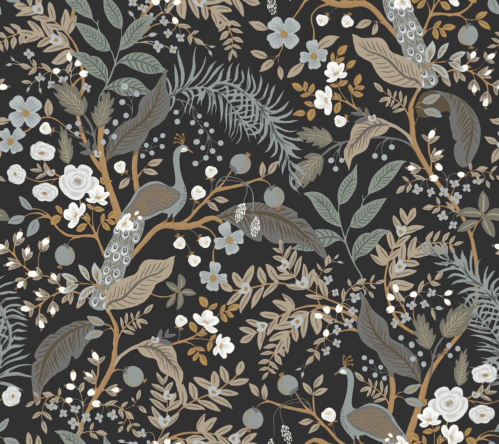 Peacock Garden Black Peel & Stick Wallpaper by Rifle Paper Co. P&S Rifle Paper 3 Covers about 45 square feet 27-in by 20-ft long roll Peel & Stick 24 - Fabric Carolina -