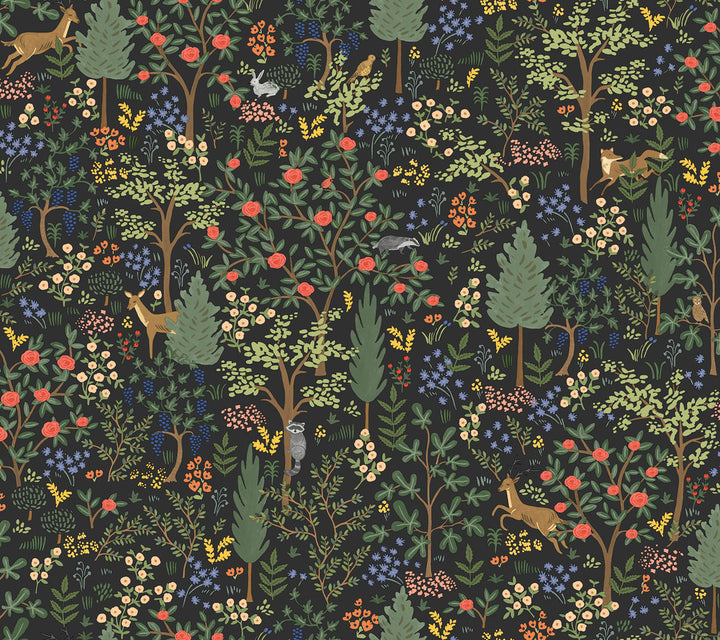 Woodland Black Peel & Stick Wallpaper by Rifle Paper Co. P&S Rifle Paper 3 Covers about 45 square feet 27-in by 20-ft long roll Peel & Stick 24 - Fabric Carolina -