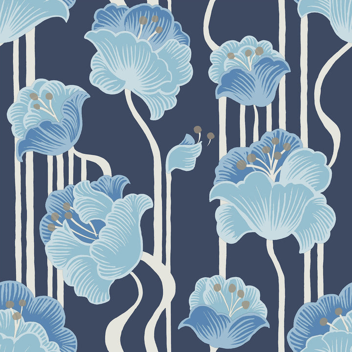 Shirley Blue Deco Floral Peel & Stick Wallpaper by York Wallcoverings Mirth Studios Covers about 34.2 square feet 20.5-in by 20-ft long roll Peel & Stick 20.5 - Fabric Carolina -