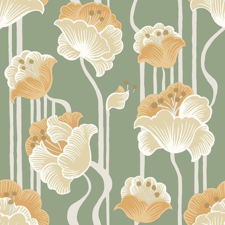 Shirley Green Deco Floral Peel & Stick Wallpaper by York Wallcoverings Mirth Studios Covers about 34.2 square feet 20.5-in by 20-ft long roll Peel & Stick 20.5 - Fabric Carolina -