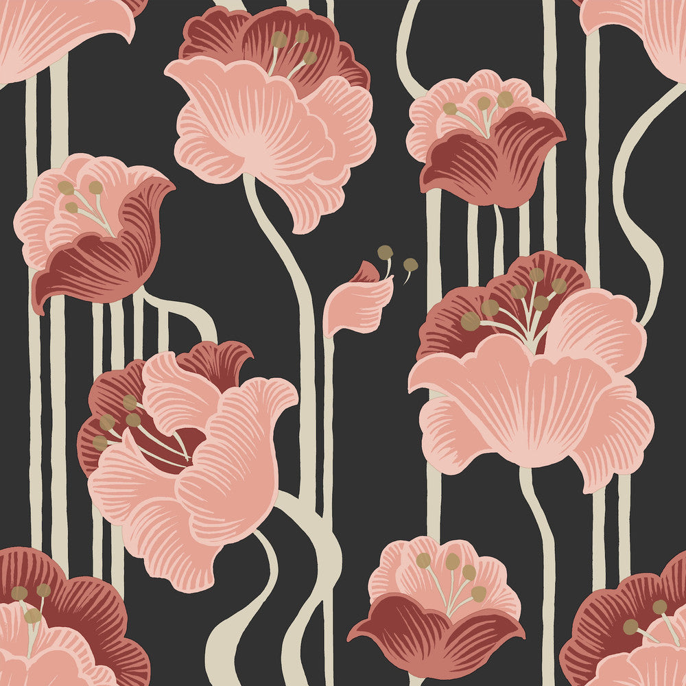 Shirley Coral Deco Floral Peel & Stick Wallpaper by York Wallcoverings Mirth Studios Covers about 34.2 square feet 20.5-in by 20-ft long roll Peel & Stick 20.5 - Fabric Carolina -