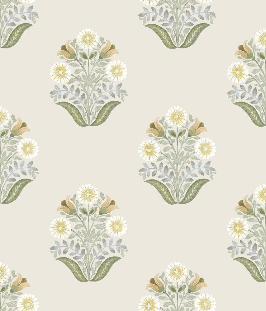Sophie Sage Floral Medallion Peel & Stick Wallpaper by York Wallcoverings Mirth Studios Covers about 34.2 square feet 20.5-in by 20-ft long roll Peel & Stick 24 - Fabric Carolina -