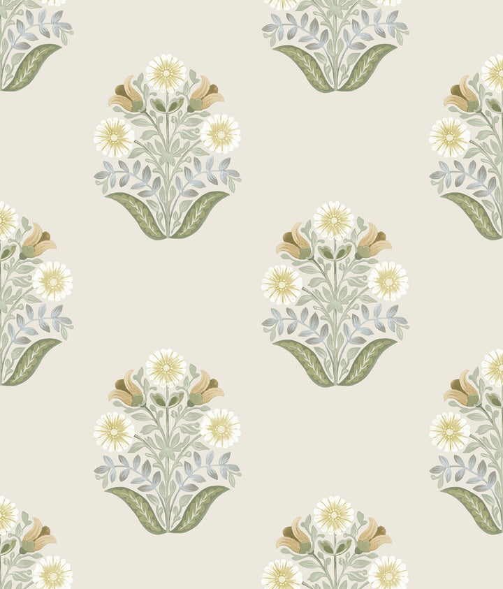 Sophie Sage Floral Medallion Peel & Stick Wallpaper by York Wallcoverings Mirth Studios Covers about 34.2 square feet 20.5-in by 20-ft long roll Peel & Stick 24 - Fabric Carolina -