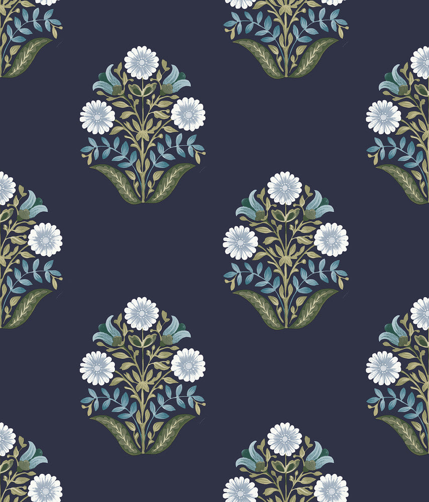 Sophie Navy Floral Medallion Peel & Stick Wallpaper by York Wallcoverings Mirth Studios Covers about 34.2 square feet 20.5-in by 20-ft long roll Peel & Stick 24 - Fabric Carolina -