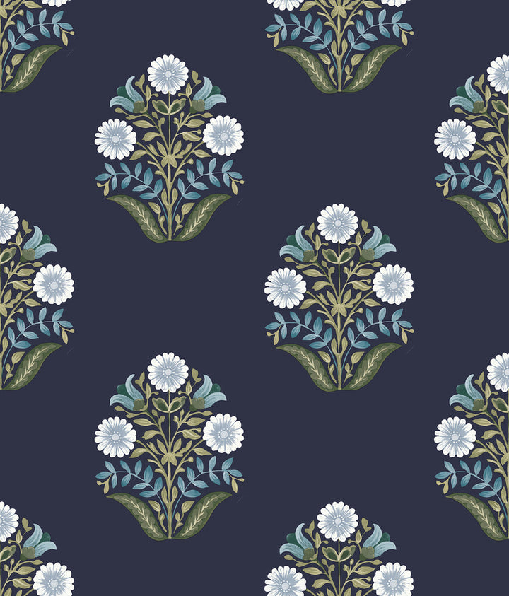 Sophie Navy Floral Medallion Peel & Stick Wallpaper by York Wallcoverings Mirth Studios Covers about 34.2 square feet 20.5-in by 20-ft long roll Peel & Stick 24 - Fabric Carolina -