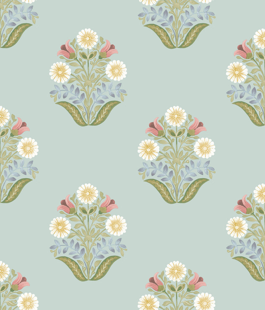 Sophie Aqua Floral Medallion Peel & Stick Wallpaper by York Wallcoverings Mirth Studios Covers about 34.2 square feet 20.5-in by 20-ft long roll Peel & Stick 24 - Fabric Carolina -