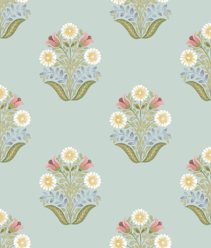 Sophie Aqua Floral Medallion Peel & Stick Wallpaper by York Wallcoverings Mirth Studios Covers about 34.2 square feet 20.5-in by 20-ft long roll Peel & Stick 24 - Fabric Carolina -