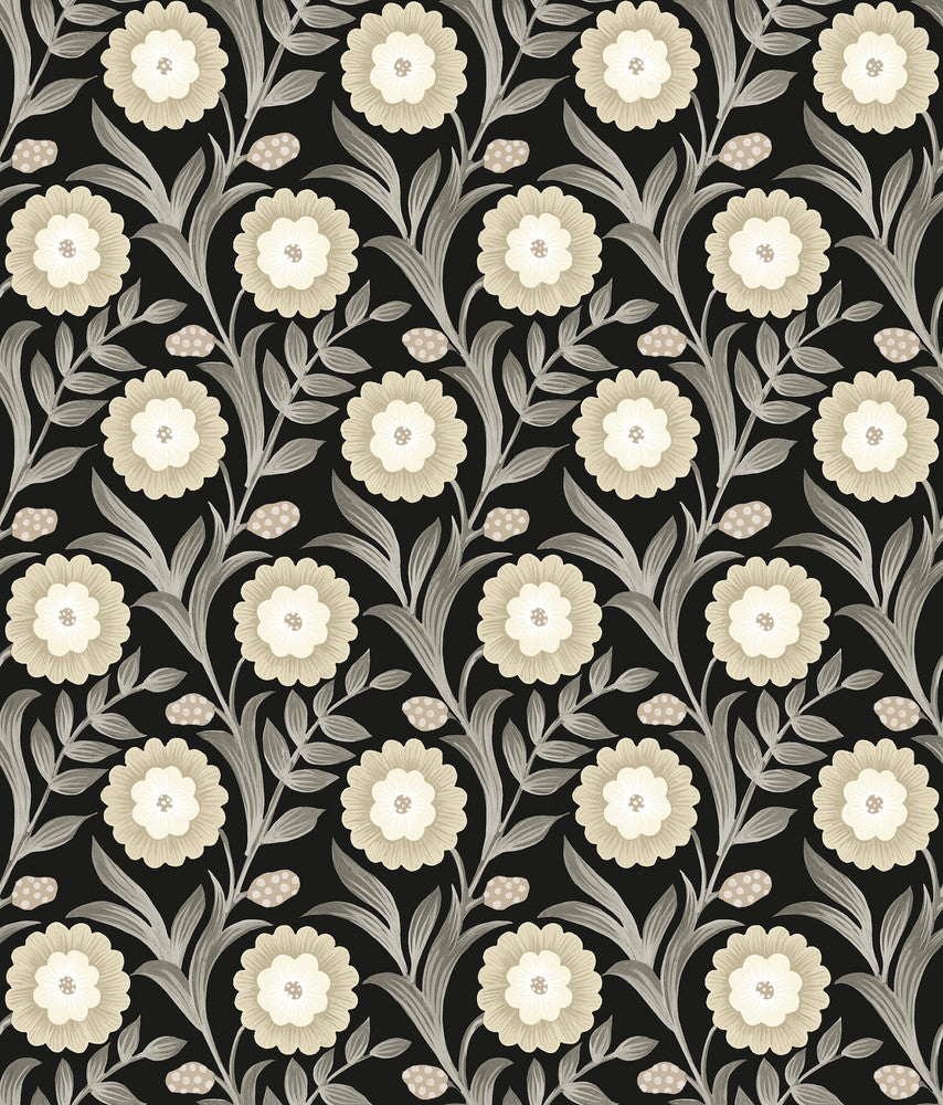 Lillian Black Floral Vine Peel & Stick Wallpaper by York Wallcoverings Mirth Studios Covers about 34.2 square feet 20.5-in by 20-ft long roll Peel & Stick 24 - Fabric Carolina -