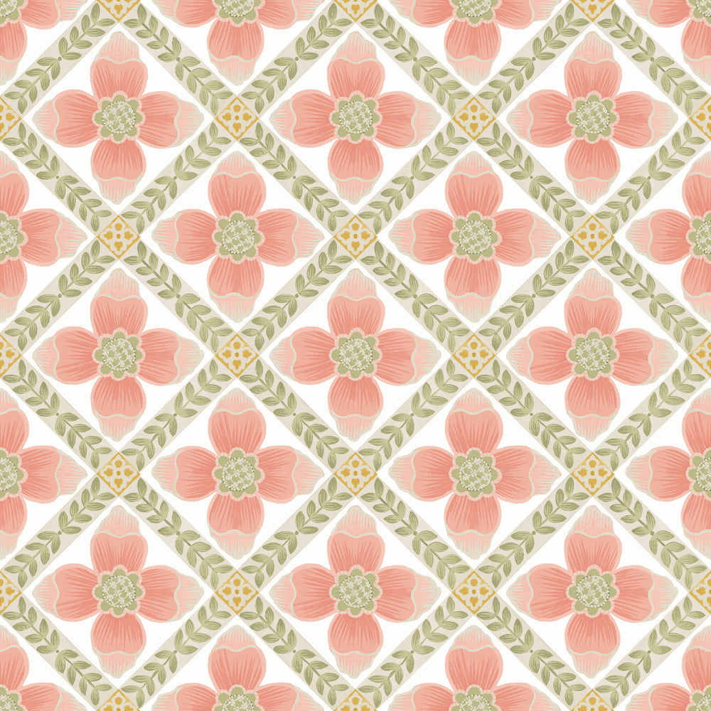 Mimi Coral Quilted Floral Peel & Stick Wallpaper by York Wallcoverings Mirth Studios Covers about 34.2 square feet 20.5-in by 20-ft long roll Peel & Stick 20.5 - Fabric Carolina -