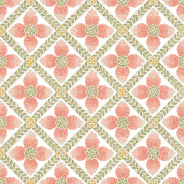 Mimi Coral Quilted Floral Peel & Stick Wallpaper by York Wallcoverings Mirth Studios Covers about 34.2 square feet 20.5-in by 20-ft long roll Peel & Stick 20.5 - Fabric Carolina -