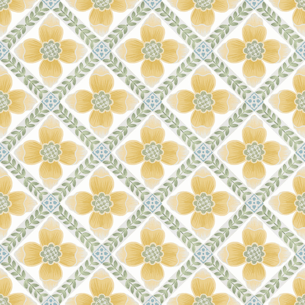 Mimi Yellow Quilted Floral Peel & Stick Wallpaper by York Wallcoverings Mirth Studios Covers about 34.2 square feet 20.5-in by 20-ft long roll Peel & Stick 20.5 - Fabric Carolina -