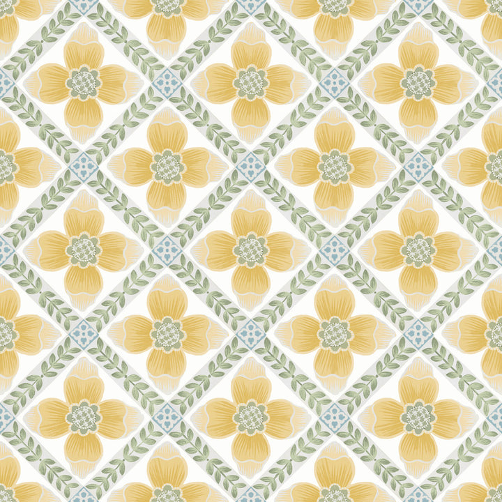 Mimi Yellow Quilted Floral Peel & Stick Wallpaper by York Wallcoverings Mirth Studios Covers about 34.2 square feet 20.5-in by 20-ft long roll Peel & Stick 20.5 - Fabric Carolina -