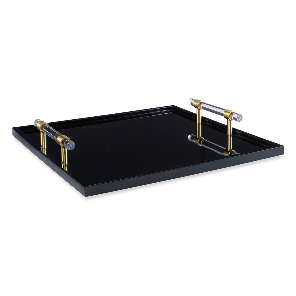 Foster Tray QR-14101.BLACKBRASS.0 by CuratedKravet CuratedKravet 20 layers of lacquer are hand applied to this clean lines all purpose tray. Accented with acrylic and brass handles. Vietnam Wipe with soft damp cloth. </p><p>Dimensions: Length 18, Height 3, Width 18 Wood - 70%, Acrylic - 20%, Metal - 10% - Fabric Carolina -