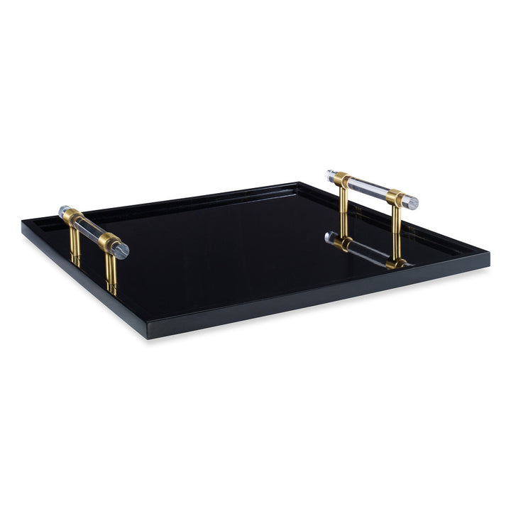 Foster Tray QR-14101.BLACKBRASS.0 by CuratedKravet CuratedKravet 20 layers of lacquer are hand applied to this clean lines all purpose tray. Accented with acrylic and brass handles. Vietnam Wipe with soft damp cloth. </p><p>Dimensions: Length 18, Height 3, Width 18 Wood - 70%, Acrylic - 20%, Metal - 10% - Fabric Carolina -