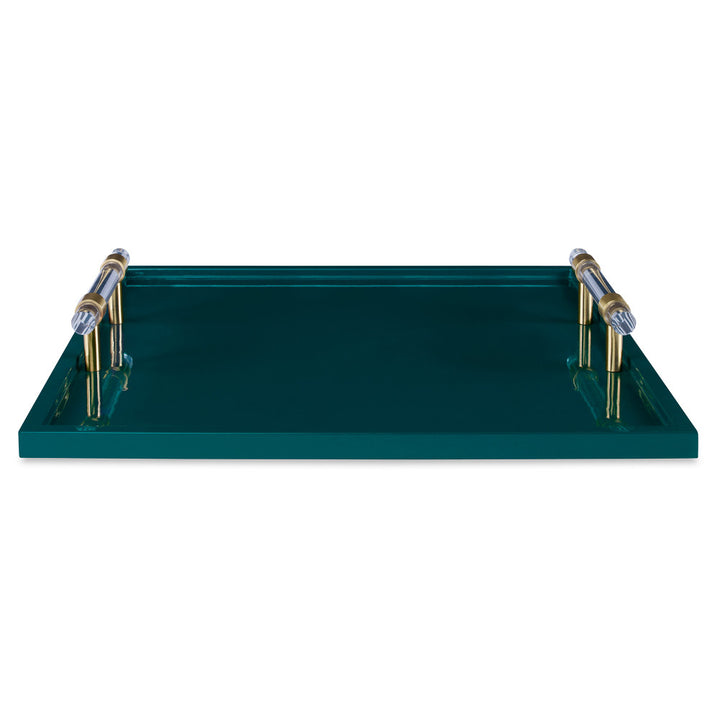 Foster Tray QR-14101.TEAL.0 by CuratedKravet CuratedKravet 20 layers of lacquer are hand applied to this clean lines all purpose tray. Accented with acrylic and brass handles. Vietnam Wipe with soft damp cloth. </p><p>Dimensions: Length 18, Height 3, Width 18 Wood - 70%, Acrylic - 20%, Metal - 10% - Fabric Carolina -