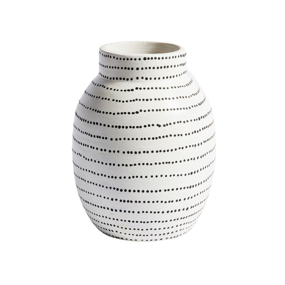 Matty Vase QR-14521.WHITE.0 by CuratedKravet CuratedKravet Terra cotta vase handpainted white with black dots. Since each piece is created individually, subtle differences may occur. Indonesia Indoor use only. Wipe with soft damp cloth. </p><p>Dimensions: Length 6.5, Height 9, Width 6.5 Ceramic - 100% - Fabric Carolina -