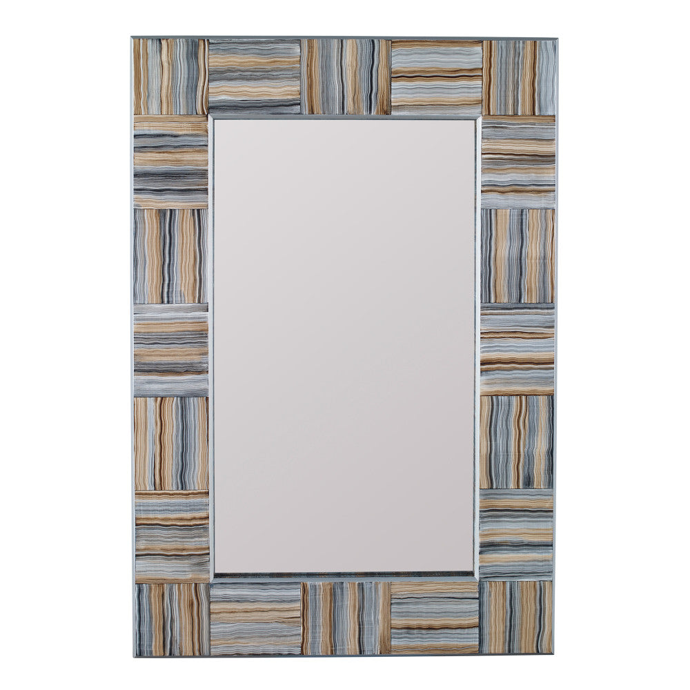 Ipanema Mirror QR-16864.NATURAL.0 by CuratedKravet CuratedKravet Finely hand painted faux agate stone tile pattern in neutrals as varied as driftwood gray and creamy latte all reminiscent of the great outdoors. Silver outer and inside edge. A visual statement piece with excellent form that meets function. Made in the USA. United States wipe with soft dry cloth. no abrasive cleaners </p><p>Dimensions: Length 26, Height 38, Width 1.5 Glass - 50%, Wood - 50% - Fabric Carolina -