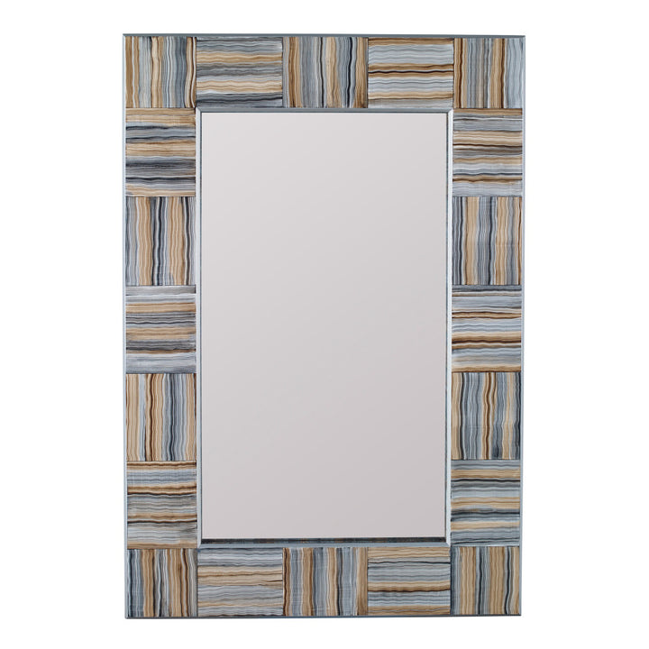 Ipanema Mirror QR-16864.NATURAL.0 by CuratedKravet CuratedKravet Finely hand painted faux agate stone tile pattern in neutrals as varied as driftwood gray and creamy latte all reminiscent of the great outdoors. Silver outer and inside edge. A visual statement piece with excellent form that meets function. Made in the USA. United States wipe with soft dry cloth. no abrasive cleaners </p><p>Dimensions: Length 26, Height 38, Width 1.5 Glass - 50%, Wood - 50% - Fabric Carolina -