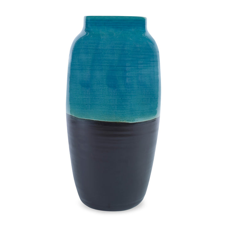 Aries Vase, Large QR-16966.BLKBLUE.0 by CuratedKravet CuratedKravet A handpainted, earthenware vase with a reactive blue and black glaze. Due to the handmade nature of this product, variation is to be expected from piece to piece. This vase is not watertight. Portugal HANDWASH ONLY. </p><p>Dimensions: Length 8, Height 15.75, Width 8 Ceramic - 100% - Fabric Carolina -