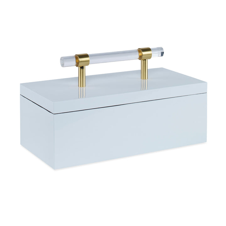 Foster Box QR-17508.WHITEBRASS.0 by CuratedKravet CuratedKravet 20 layers of lacquer are hand applied to this clean lines all purpose box. Accented with an acrylic and nickel handle. Vietnam DUST LIGHTLY. </p><p>Dimensions: Length 12, Height 5, Width 6 - Fabric Carolina -