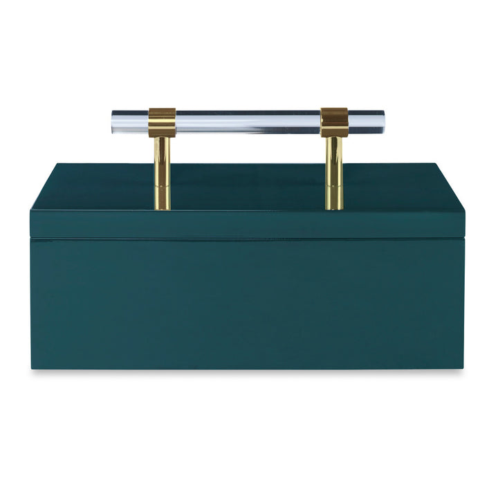 Foster Box QR-17508.TEAL.0 by CuratedKravet CuratedKravet 20 layers of lacquer are hand applied to this clean lines all purpose box. Accented with an acrylic and brass handle. Vietnam DUST LIGHTLY. </p><p>Dimensions: Length 12, Height 5, Width 6 - Fabric Carolina -