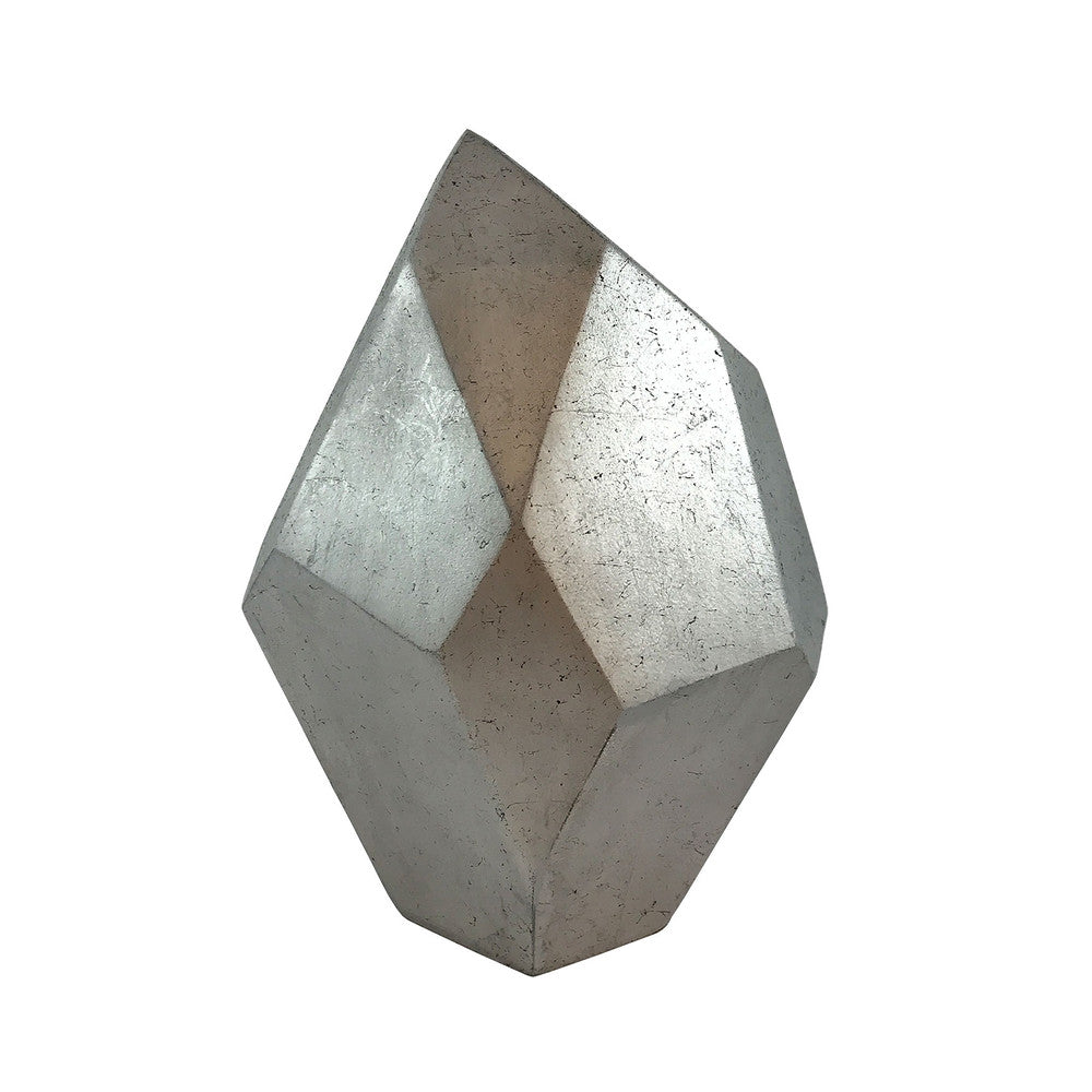 Wise Sculpture QR-17602.SILVER.0 by CuratedKravet CuratedKravet This silver leafed crystal-shaped sculpture, made of resin, adds an element of drama and sophistication to any space. United States Wipe with soft cloth. </p><p>Dimensions: Length 9, Height 10.5, Width 9 Poly Resin - 95%, Silver Leaf - 5% - Fabric Carolina -