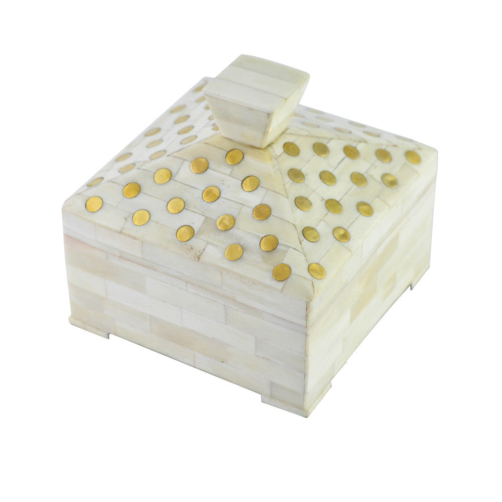 Chandler Box QR-18246.NATURAL.0 by CuratedKravet CuratedKravet A square lidded bone box with dot details. India DUST LIGHTLY WITH A SOFT, DRY CLOTH. </p><p>Dimensions: Length 6, Height 3, Width 6 Bone - 50%, Mdf - 40%, Metal - 10% - Fabric Carolina -