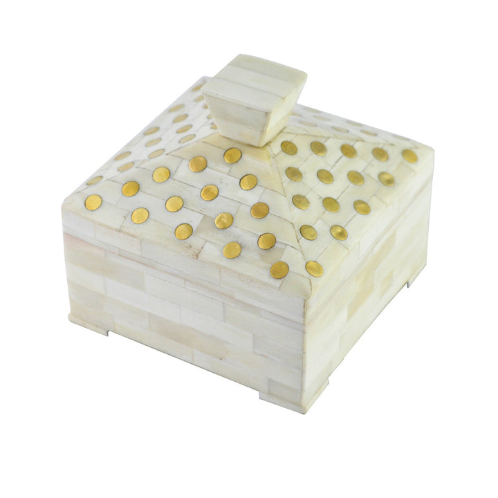 Chandler Box QR-18246.NATURAL.0 by CuratedKravet CuratedKravet A square lidded bone box with dot details. India DUST LIGHTLY WITH A SOFT, DRY CLOTH. </p><p>Dimensions: Length 6, Height 3, Width 6 Bone - 50%, Mdf - 40%, Metal - 10% - Fabric Carolina -