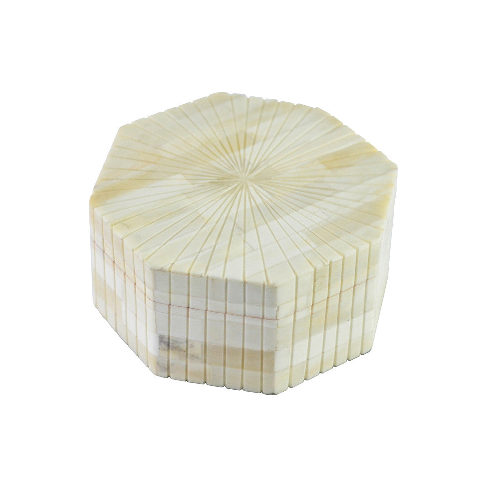Tuscon Box QR-18268.NATURAL.0 by CuratedKravet CuratedKravet An octagonal bone box with a starburst-like pattern radiating from the center of the lid. India DUST LIGHTLY WITH A SOFT, DRY CLOTH. </p><p>Dimensions: Length 6, Height 3, Width 6 Bone - 50%, Mdf - 50% - Fabric Carolina -