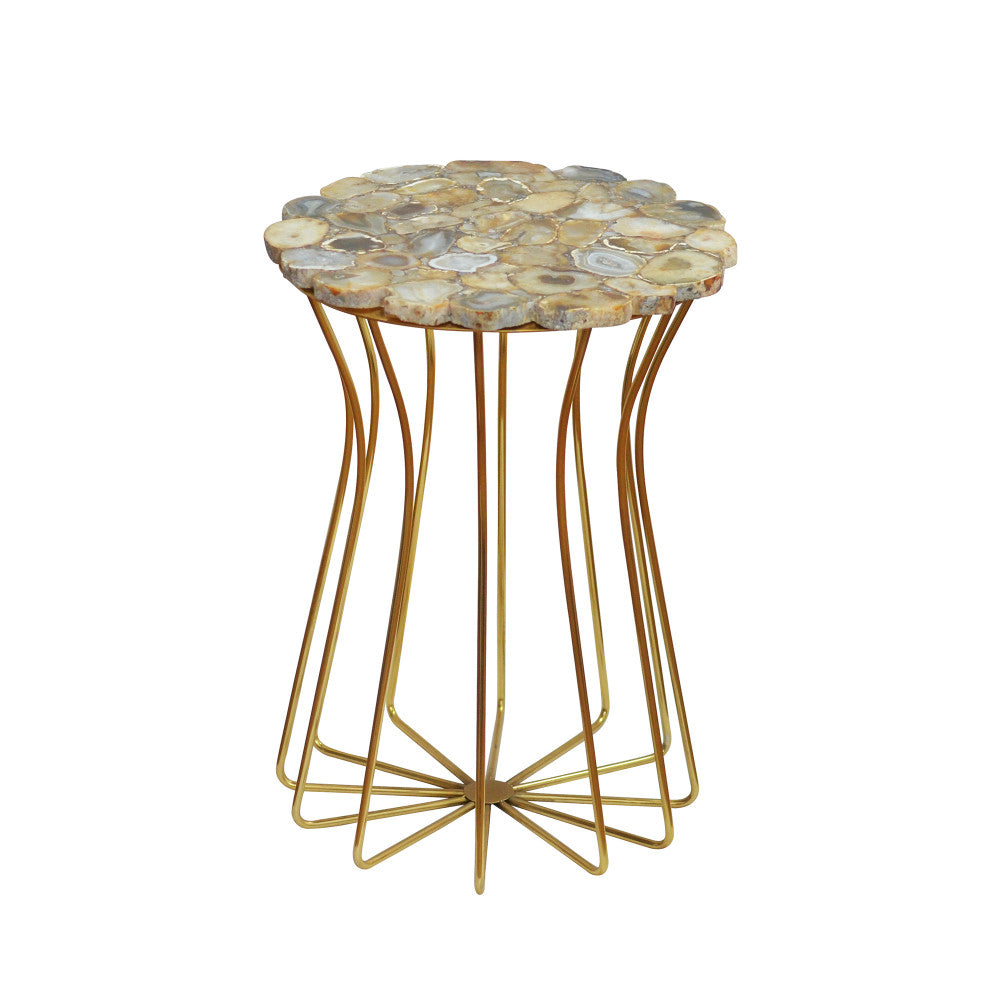 Estes Side Table QR-18270.NTRLGOLD.0 by CuratedKravet CuratedKravet A round side table with a natural agate tabletop and steel base with gold electroplating. India DUST LIGHTLY WITH A SOFT, DRY CLOTH. </p><p>Dimensions: Length 16, Height 24, Width 16 - Fabric Carolina -