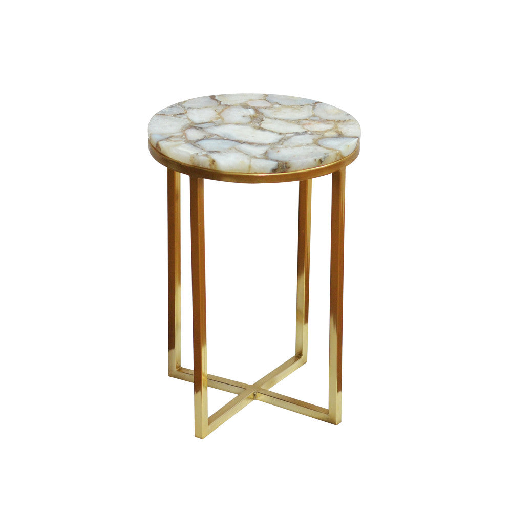 Salida Side Table QR-18271.WHTGOLD.0 by CuratedKravet CuratedKravet A round side table with a natural white agate tabletop and steel base with gold electroplating. India DUST LIGHTLY WITH A SOFT, DRY CLOTH. </p><p>Dimensions: Length 16, Height 24, Width 16 - Fabric Carolina -