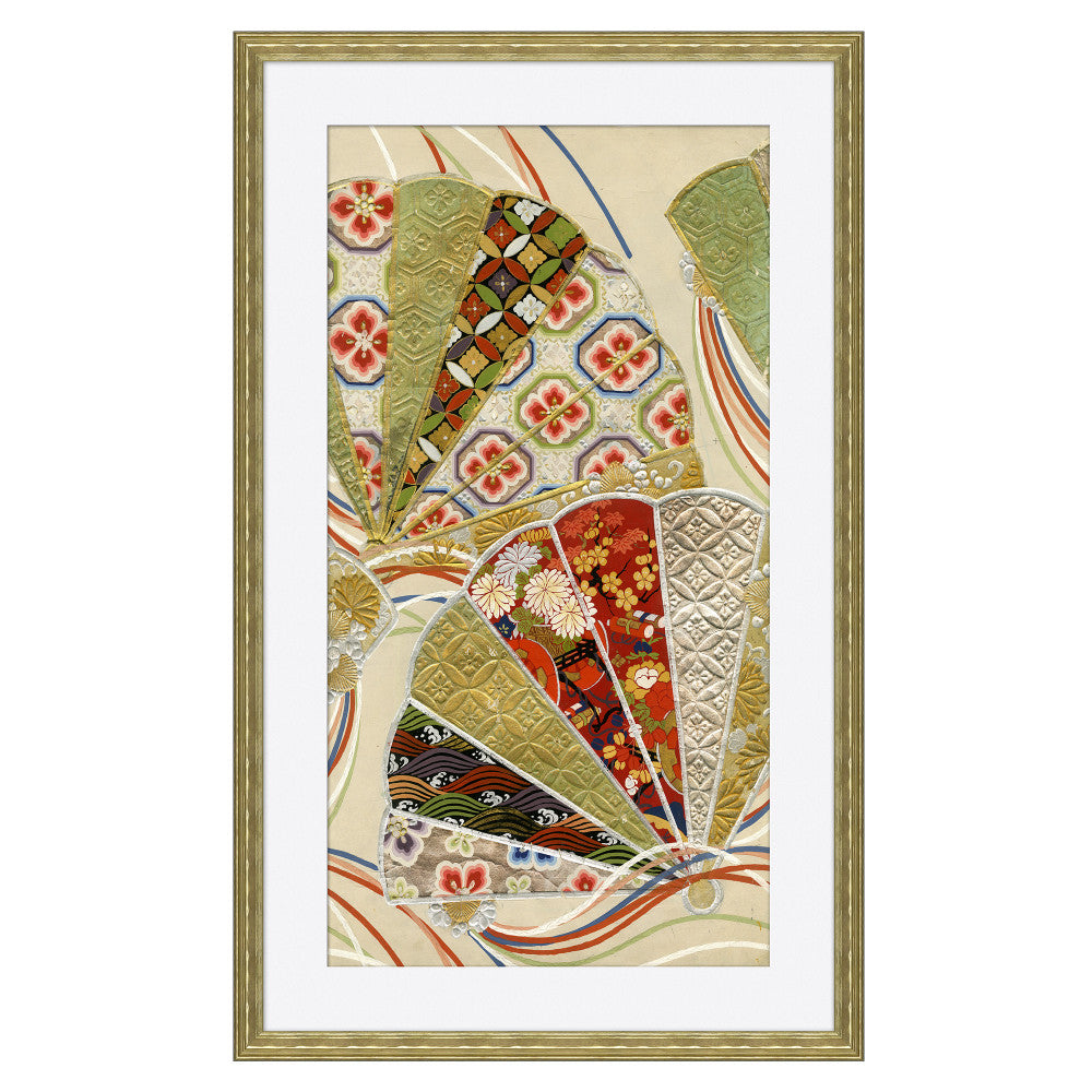 Gilded Fans Ii QR-18289.FANSII.0 by CuratedKravet CuratedKravet Limited edition print of an antique Japanese textile document from a collection housed in Kravet's vast archives in Bethpage New York. Each piece comes with a certificate of authenticity. Made to order in the USA. United States Wipe with a damp cloth. </p><p>Dimensions: Length 30, Height 49, Width 1 - Fabric Carolina -