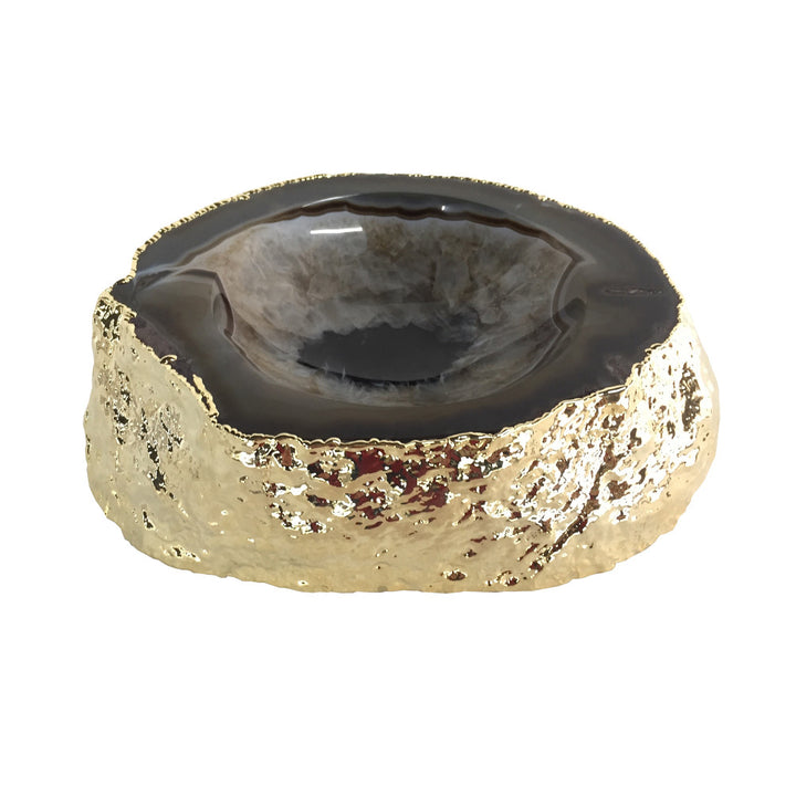 Noemi Polished Agate Bowl, Black/Gold QR-18379.BLACKGOLD.0 by CuratedKravet CuratedKravet A polished natural agate bowl with gold electroplating. Due to the natural material, size, shape and color will vary. Brazil DUST LIGHTLY. </p><p>Dimensions: Length 6.25, Height 1.5, Width 5.5 Stone - 95%, Gold - 5% - Fabric Carolina -