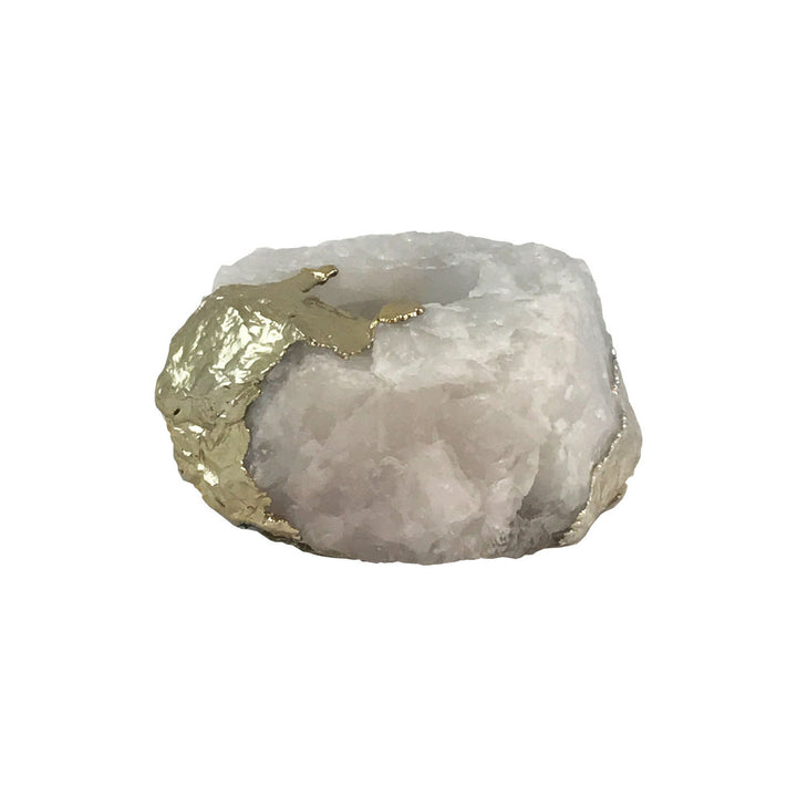 Evandro White Quartz Votive Holder QR-18417.WHTSLVGLD.0 by CuratedKravet CuratedKravet A silver and gold plated white quartz votive holder. Due to the natural material, size, shape and color will vary. Brazil DUST LIGHTLY. </p><p>Dimensions: Length 4.25, Height 2, Width 2.75 Quartz - 85%, Gold - 5%, Poly Resin - 5%, Silver Leaf - 5% - Fabric Carolina -