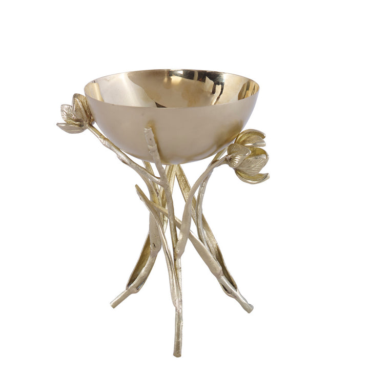 Leiden Bowl QR-20467.BRASS.0 by CuratedKravet CuratedKravet A decorative brass bowl featuring a base/stand of sculptural iris flowers and stems. India DUST LIGHTLY WITH A SOFT, DRY CLOTH. </p><p>Dimensions: Length 6, Height 8.5, Width 6 Brass - 100% - Fabric Carolina -