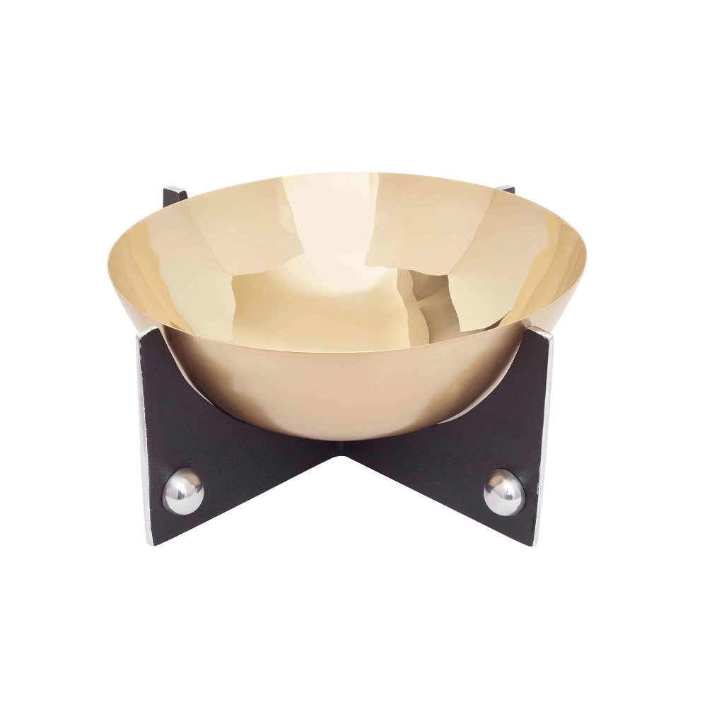 Laramie Bowl QR-20470.BRASSBLK.0 by CuratedKravet CuratedKravet A polished brass bowl featuring a black metal stand with mixed metal details. India DUST LIGHTLY WITH A SOFT, DRY CLOTH. </p><p>Dimensions: Length 10.5, Height 4.5, Width 10.5 Brass - 70%, Aluminium - 30% - Fabric Carolina -