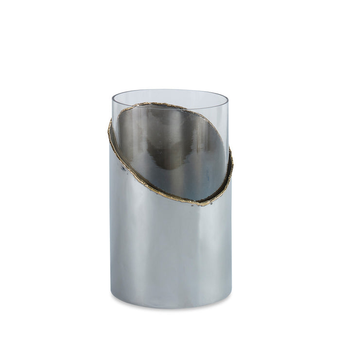 Riverton Hurricane, Small QR-20473.SLVRBRSS.0 by CuratedKravet CuratedKravet A stainless steel, brass, and glass hurricane detailed with a textured brass edge detail. India DUST LIGHTLY WITH A SOFT, DRY CLOTH. </p><p>Dimensions: Length , Height 8, Width Glass - 70%, Brass - 15%, Stainless Steel - 15% - Fabric Carolina -