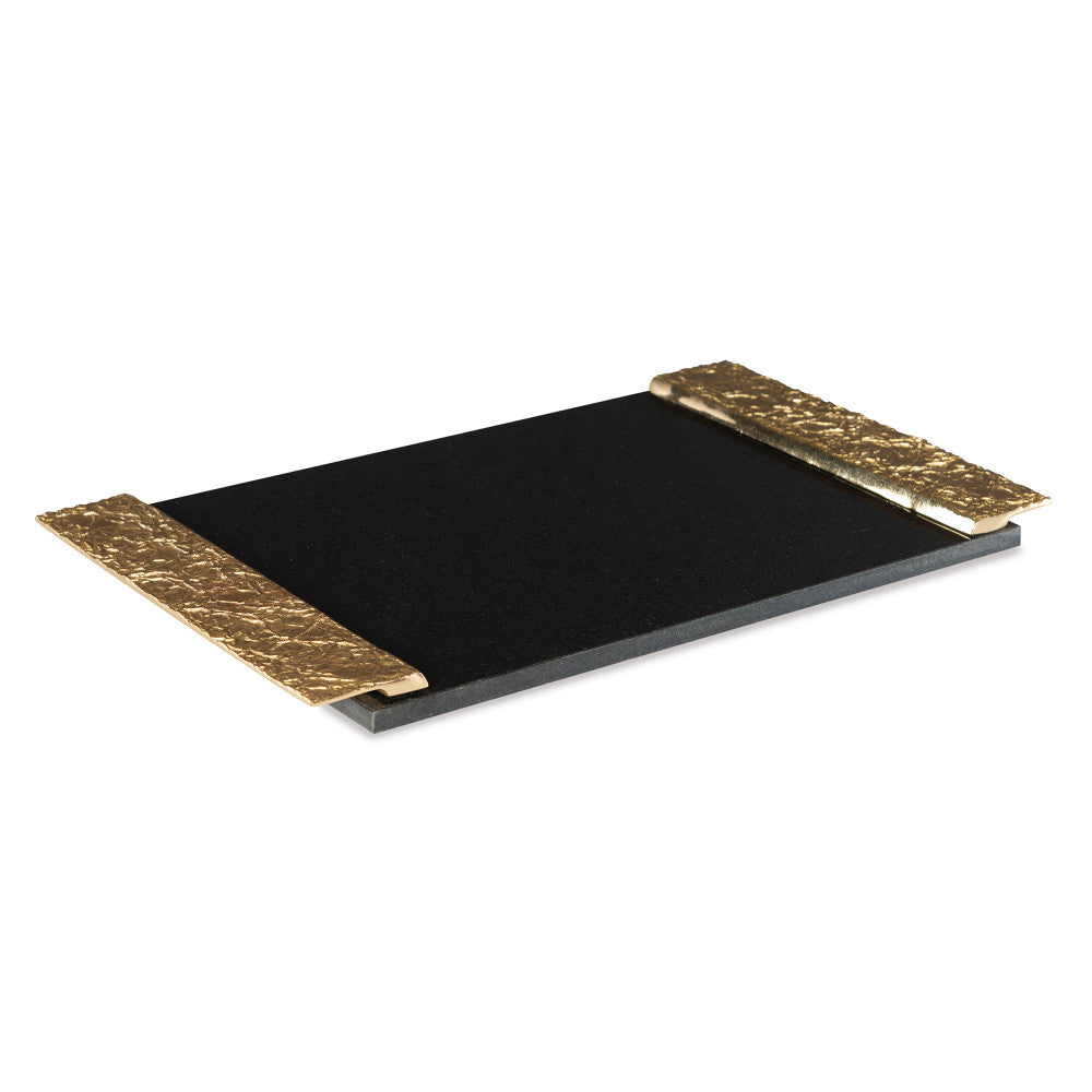 Afton Tray QR-20477.BRSSGRNITE.0 by CuratedKravet CuratedKravet A granite tray detailed with textured brass handles. Due to the natural material, variation is to be expected. India DUST LIGHTLY WITH A SOFT, DRY CLOTH. </p><p>Dimensions: Length 16, Height 1.5, Width 10 Marble - 70%, Brass - 30% - Fabric Carolina -