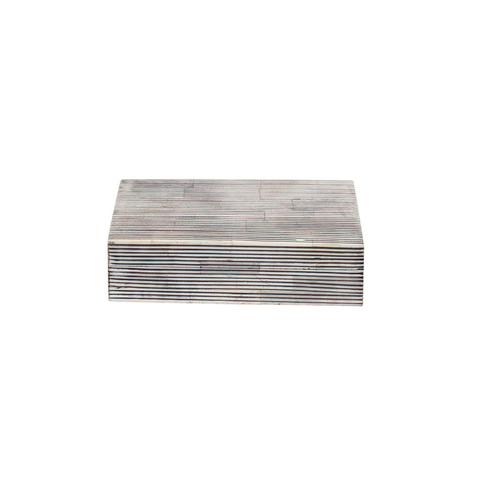 Ran Bone Box, Small QR-20495.BLACKWHITE.0 by CuratedKravet CuratedKravet Lidded box handcrafted and made from genuine bone. Due to the handmade nature of the product, variation is to be expected. India DUST LIGHTLY WITH A SOFT, DRY CLOTH. </p><p>Dimensions: Length 8, Height 2, Width 5 Bone - 90%, Mdf - 10% - Fabric Carolina -