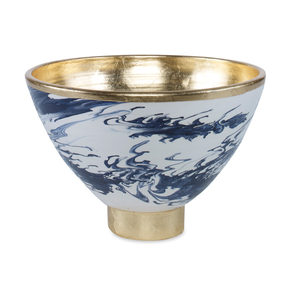 Cortona Bowl QR-20523.NAVYGOLD.0 by CuratedKravet CuratedKravet A porcelain bowl featuring a swirled navy and white painted design on the exterior, contrasted by a gold leafed interior and base. Due to the handmade nature of this bowl, variation is to be expected. Italy DUST LIGHTLY WITH A SOFT, DRY CLOTH. </p><p>Dimensions: Length 11.75, Height 8.75, Width 11.75 Ceramic - 100% - Fabric Carolina -