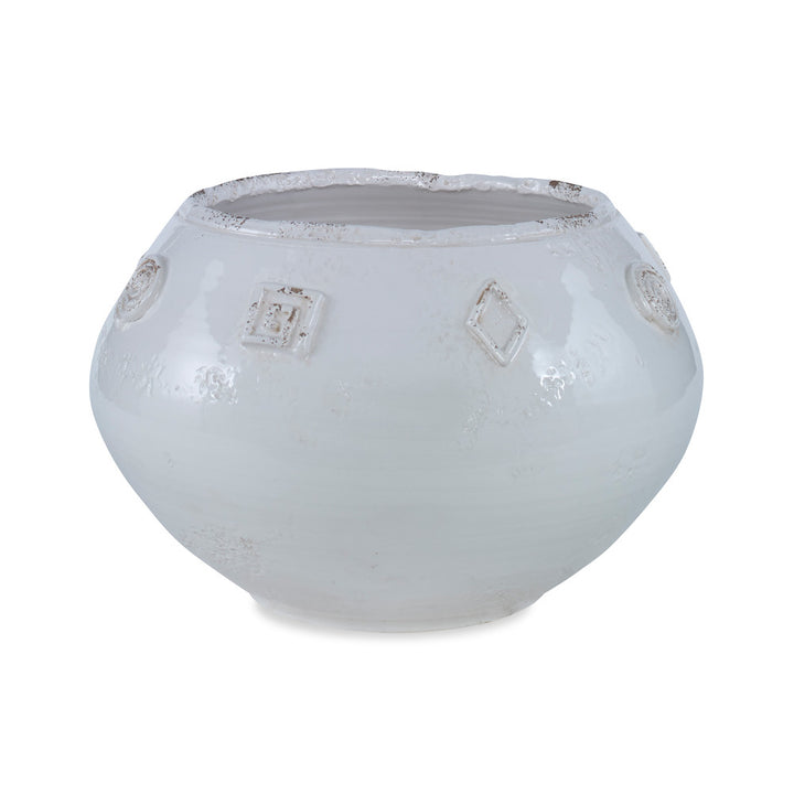 Orvieto Bowl, Large QR-20534.CREAM.0 by CuratedKravet CuratedKravet A large ceramic bowl glazed in a natural creamy color. Detailed with raised decorative shapes along the top edge. Due to the handmade nature of this bowl, variation is to be expected. Italy DUST LIGHTLY WITH A SOFT, DRY CLOTH. </p><p>Dimensions: Length 15, Height 9, Width 15 Ceramic - 100% - Fabric Carolina -