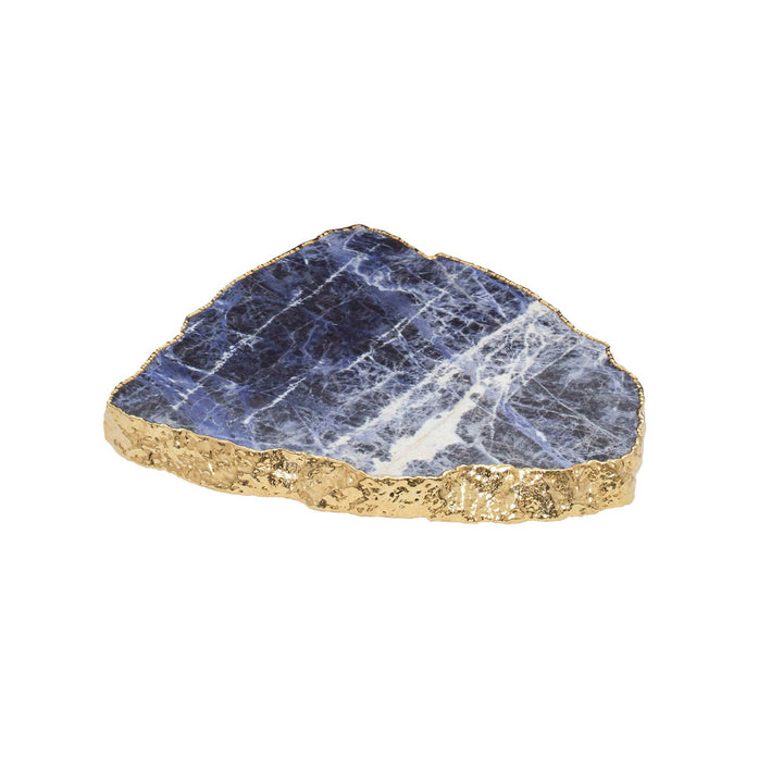 Roswell Sodalite Slab QR-20649.BLUGOLD.0 by CuratedKravet CuratedKravet A slab of solid sodalite detailed with gold electroplated edges. Due to the natural material, variation is to be expected. Brazil </p><p>Dimensions: Length , Height , Width Stone - 95%, Gold - 5% - Fabric Carolina -