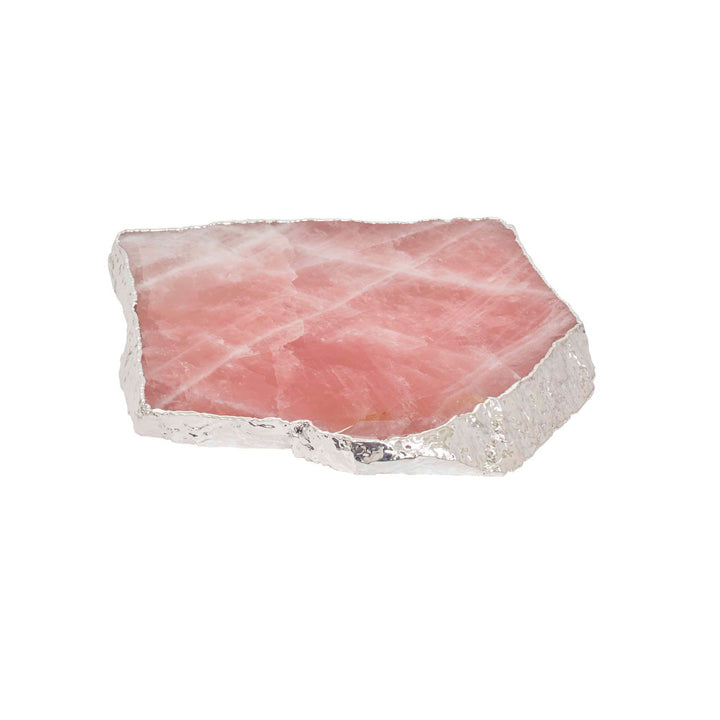 Corrales Rose Quartz Slab QR-20650.ROSESLVR.0 by CuratedKravet CuratedKravet A slab of solid rose quartz detailed with silver electroplated edges. Due to the natural material, variation is to be expected. Brazil </p><p>Dimensions: Length , Height , Width Stone - 95%, Silver Leaf - 5% - Fabric Carolina -