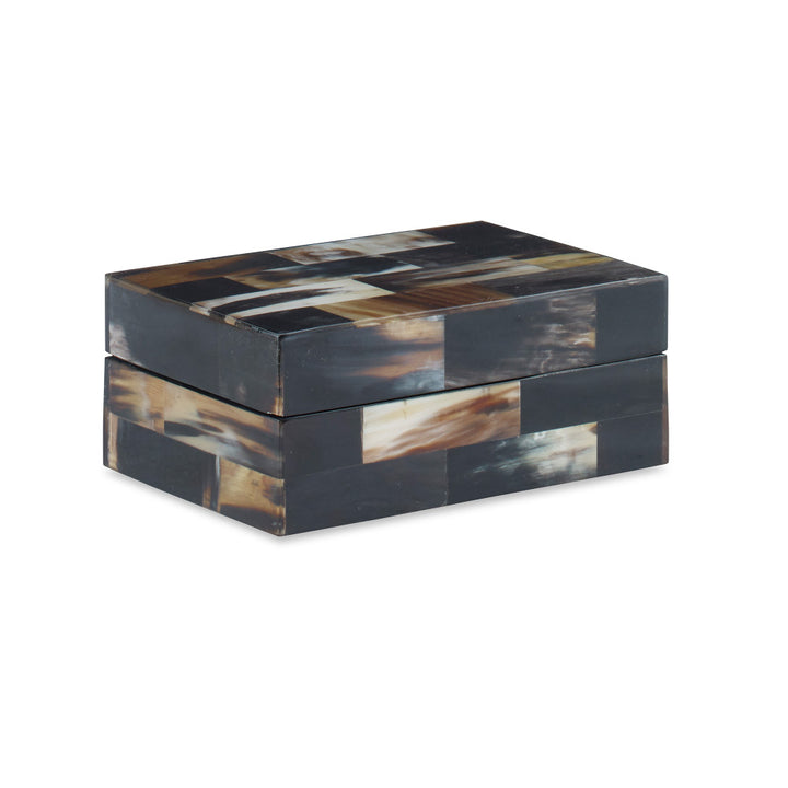 Henney Box, Small QR-20655.MULTI.0 by CuratedKravet CuratedKravet A decorative box featuring a brick-like pattern of natural horn pieces. Due to the natural material, variation in color and pattern is to be expected. Vietnam </p><p>Dimensions: Length 7.5, Height 3, Width 5 Horn - 60%, Mdf - 40% - Fabric Carolina -