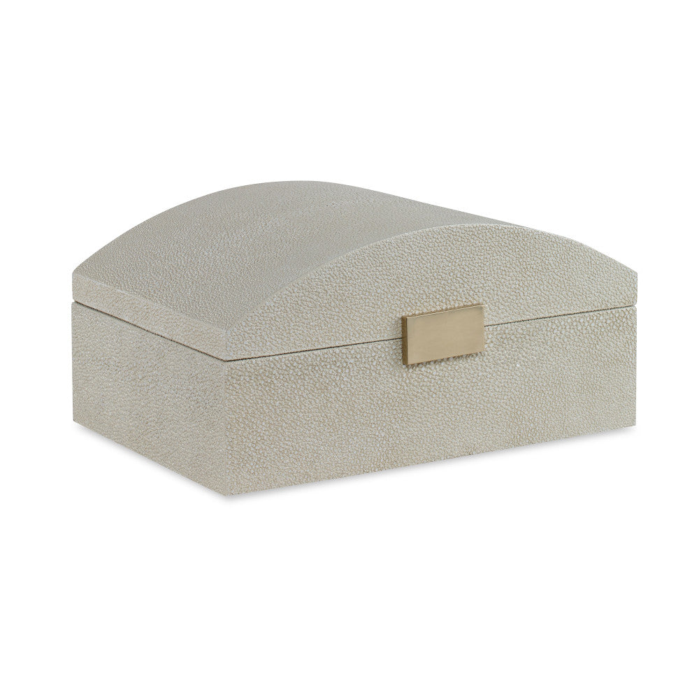 Charlotte Box, Ivory QR-20659.IVORY.0 by CuratedKravet CuratedKravet A decorative hinged faux shagreen box with a softly arched top. Accented with brass details. Interior lined with cream velvet. Vietnam </p><p>Dimensions: Length 11.75, Height 4.25, Width 10 - Fabric Carolina -