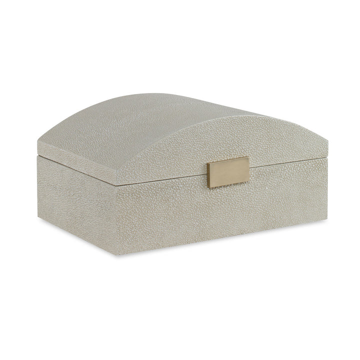 Charlotte Box, Ivory QR-20659.IVORY.0 by CuratedKravet CuratedKravet A decorative hinged faux shagreen box with a softly arched top. Accented with brass details. Interior lined with cream velvet. Vietnam </p><p>Dimensions: Length 11.75, Height 4.25, Width 10 - Fabric Carolina -