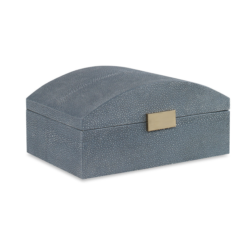 Charlotte Box, Light Gray QR-20659.LTGRAY.0 by CuratedKravet CuratedKravet A decorative hinged faux shagreen box with a softly arched top. Accented with brass details. Interior lined with cream velvet. Vietnam </p><p>Dimensions: Length 11.75, Height 4.25, Width 10 - Fabric Carolina -