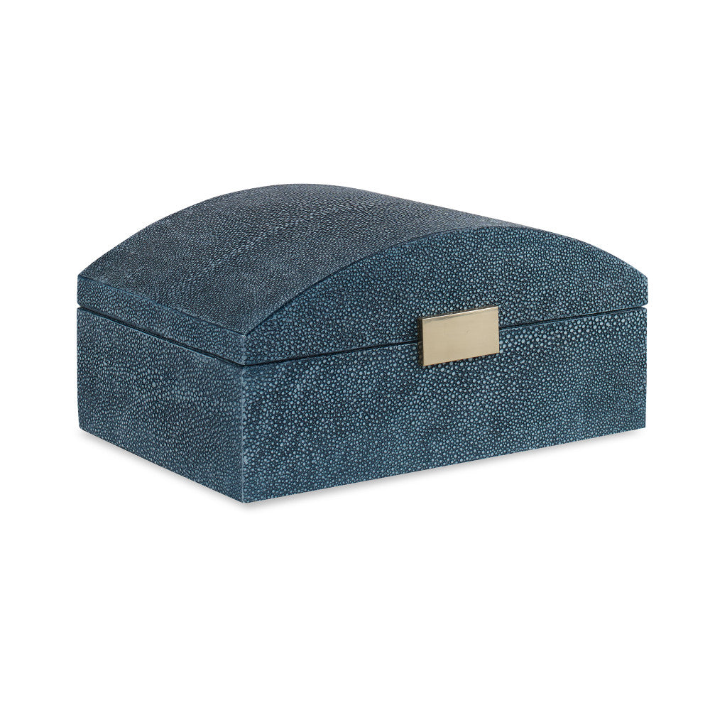 Charlotte Box, Navy QR-20659.NAVY.0 by CuratedKravet CuratedKravet A decorative hinged faux shagreen box with a softly arched top. Accented with brass details. Interior lined with cream velvet. Vietnam </p><p>Dimensions: Length 11.75, Height 4.25, Width 10 - Fabric Carolina -