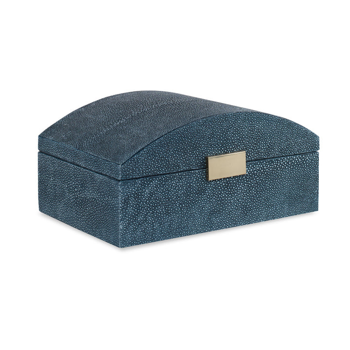 Charlotte Box, Navy QR-20659.NAVY.0 by CuratedKravet CuratedKravet A decorative hinged faux shagreen box with a softly arched top. Accented with brass details. Interior lined with cream velvet. Vietnam </p><p>Dimensions: Length 11.75, Height 4.25, Width 10 - Fabric Carolina -